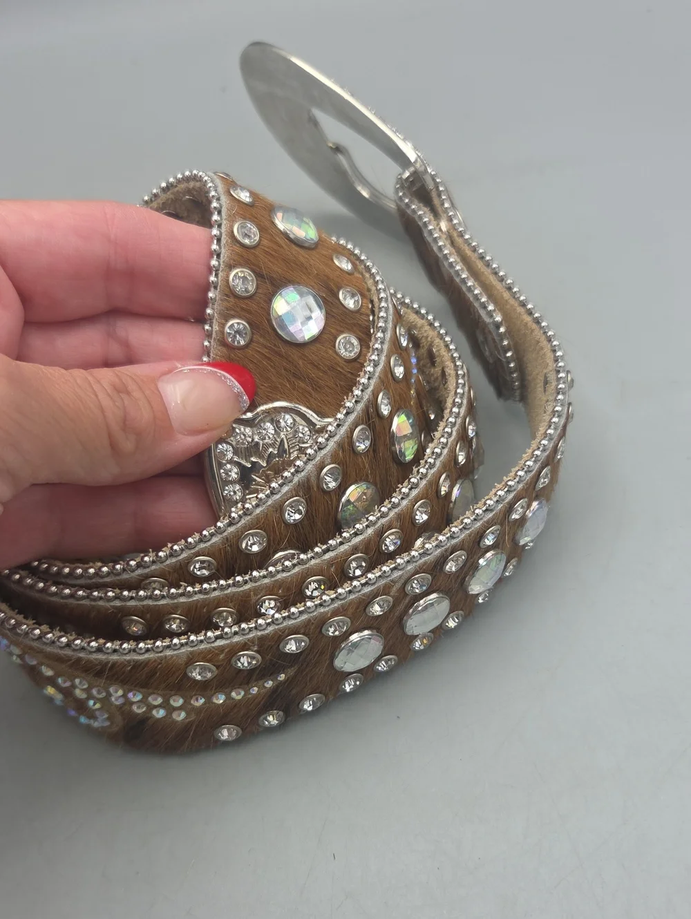 Nocona Genuine Leather Calf Hair on Hide Rhinestone Belt Rodeo Western Bling